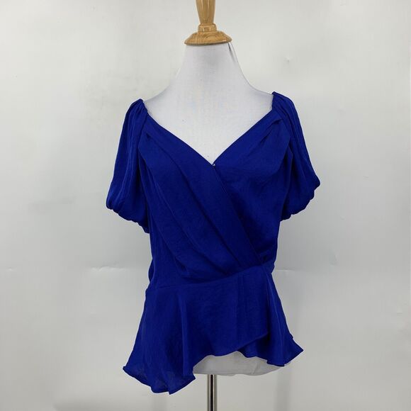 Naked Zebra Puff Sleeve Wrap Blouse Womens S Small Blue Flounce Hem Button Close - Picture 2 of 12